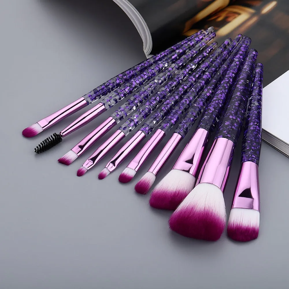 10 Pieces Glitter Makeup Brushes Set Crystal Handle Powder Brush Foundation Eyebrow Face Mascara Blush Eyeliner Kits