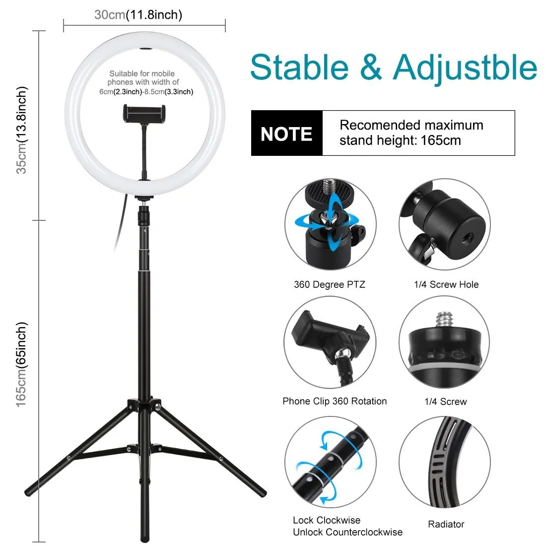 11.8 Led Ring Light with Tripod and Phone Clamp - 3 Modes Dual Colour Temperature Dimmable - Black