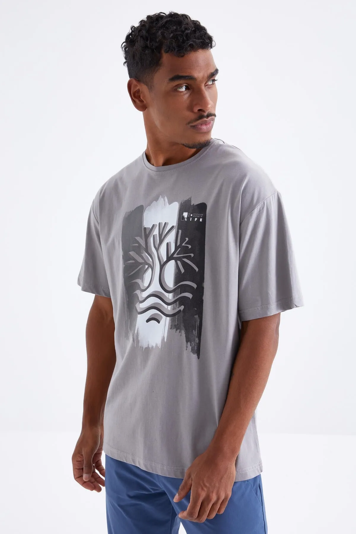 büyük baskili o yaka erkek oversize t-shirt - 88095
