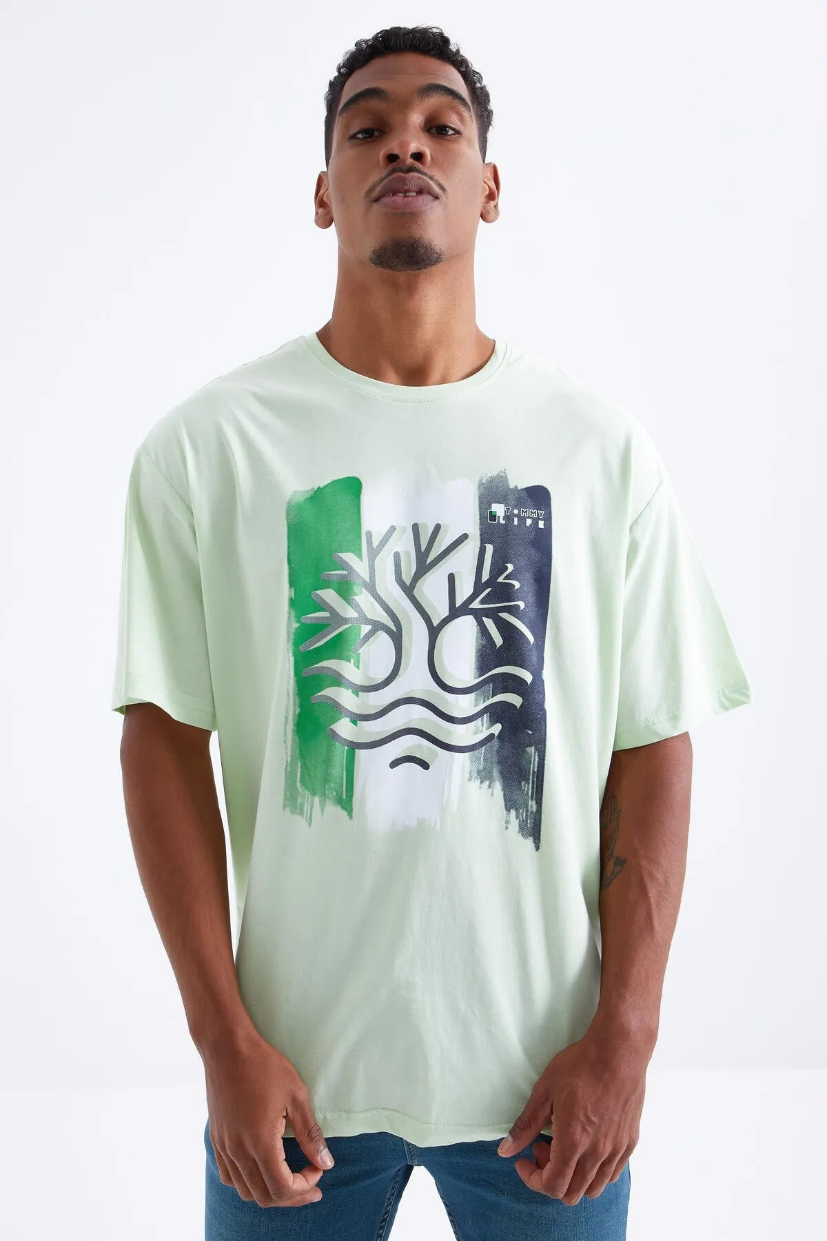 büyük baskili o yaka erkek oversize t-shirt - 88095