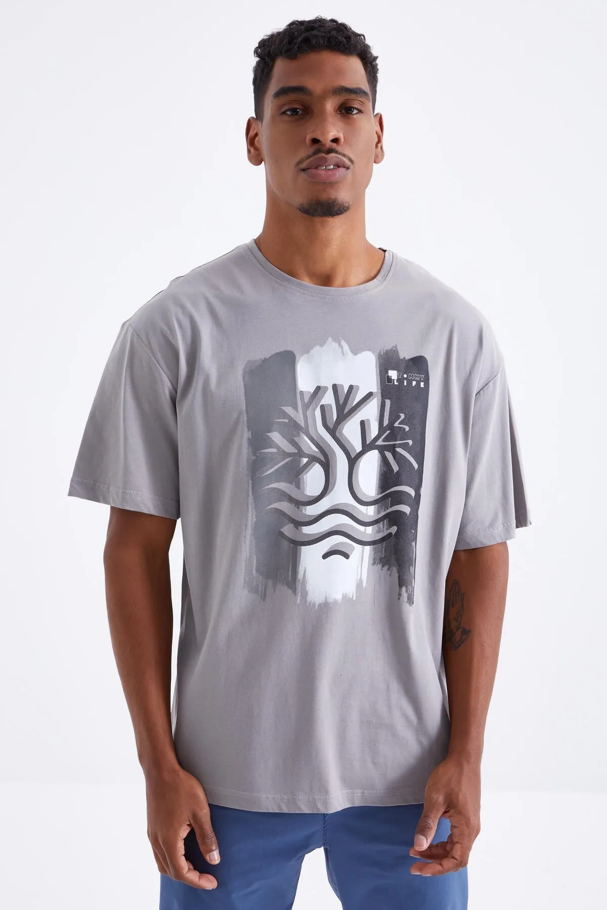 büyük baskili o yaka erkek oversize t-shirt - 88095