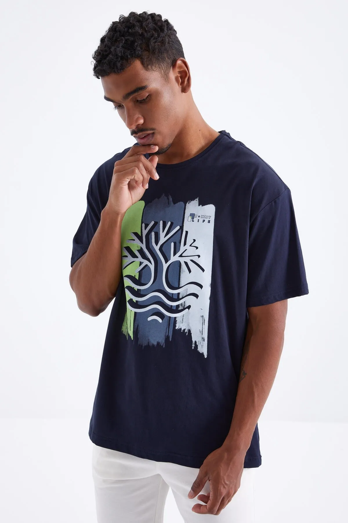 büyük baskili o yaka erkek oversize t-shirt - 88095