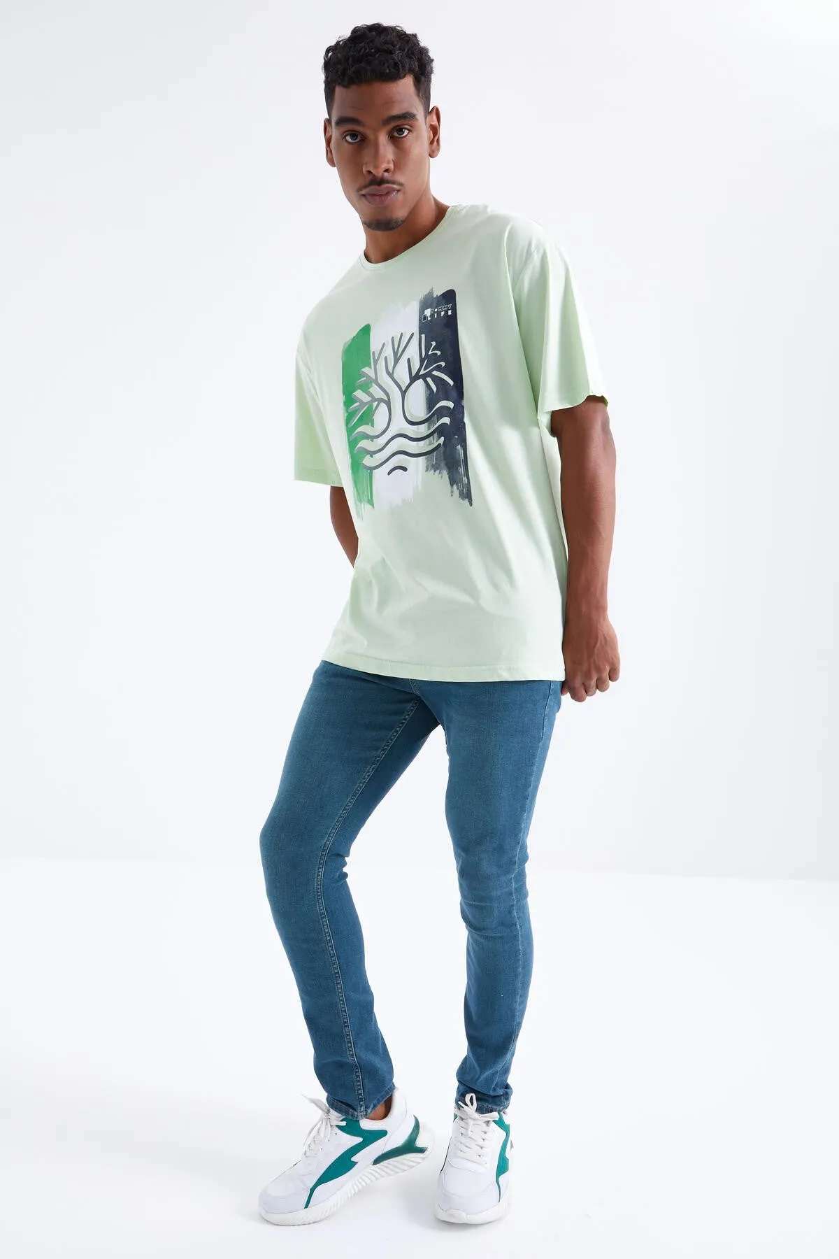 büyük baskili o yaka erkek oversize t-shirt - 88095