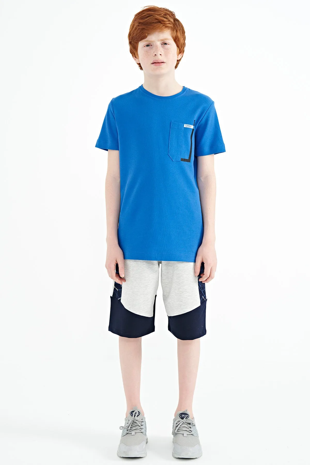 cep detayli o yaka standart kalip erkek çocuk t-shirt - 11120