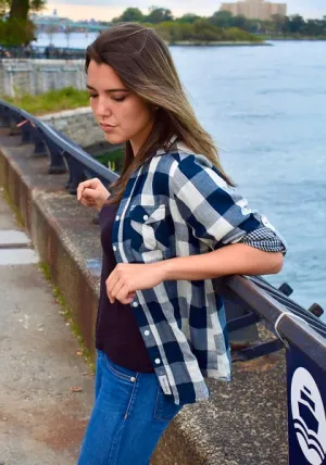 Ladies Roll Tab Sleeve, Double faced Plaid Button Down Shirt. Navy/Cream. Style 1909