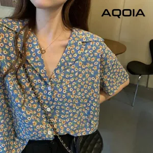 LVSANW Chic Vintage Floral Printing Button Up Women Shirt Notched Neck Short Sleeve Womens Blouse 2024 Summer Loose Tunic Female Shirts