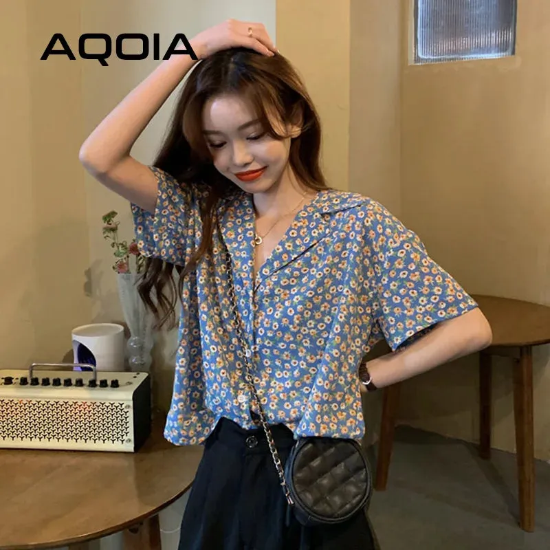 LVSANW Chic Vintage Floral Printing Button Up Women Shirt Notched Neck Short Sleeve Womens Blouse 2024 Summer Loose Tunic Female Shirts