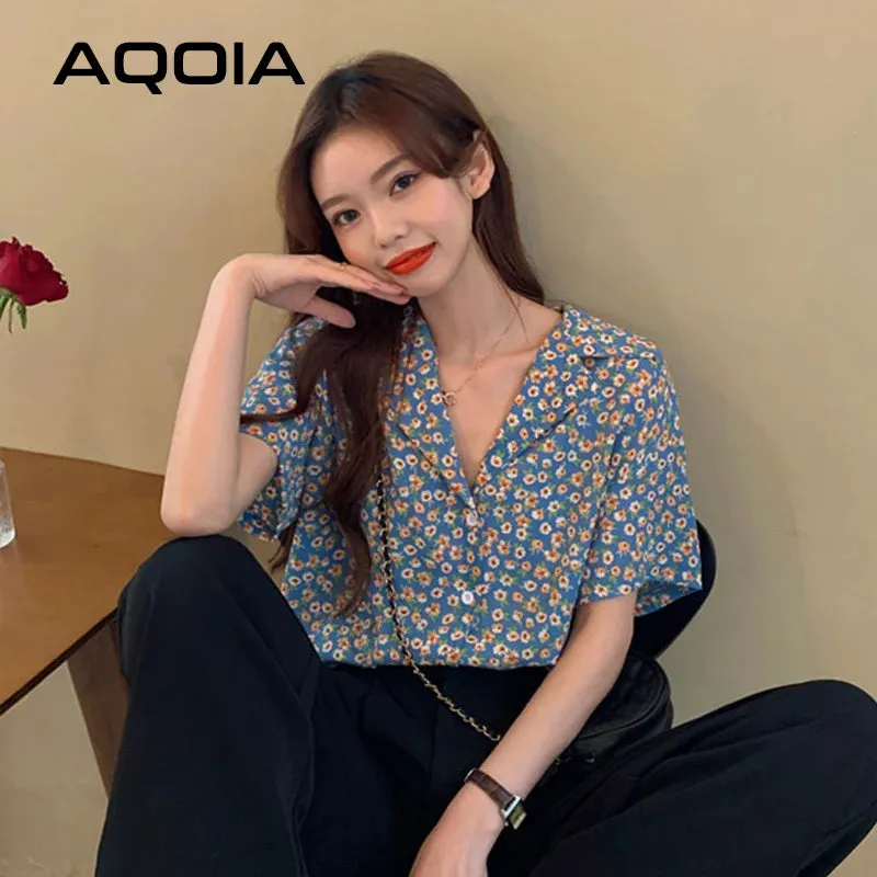 LVSANW Chic Vintage Floral Printing Button Up Women Shirt Notched Neck Short Sleeve Womens Blouse 2024 Summer Loose Tunic Female Shirts