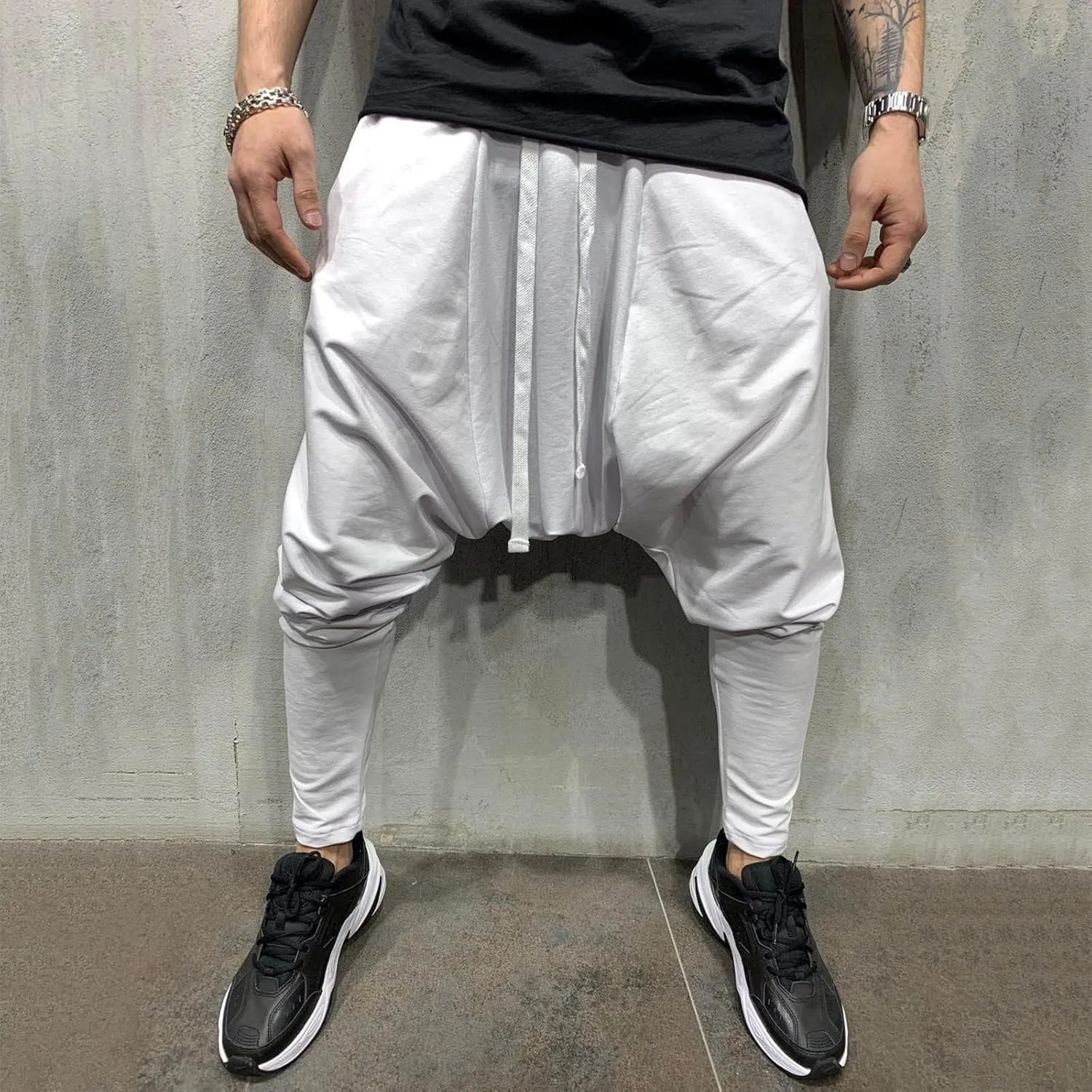 Mens Casual Cotton Harem Pants Streetwear Boho Hippie Drop Crotch Trousers for Men Lightweight Drawstring Yoga Pants