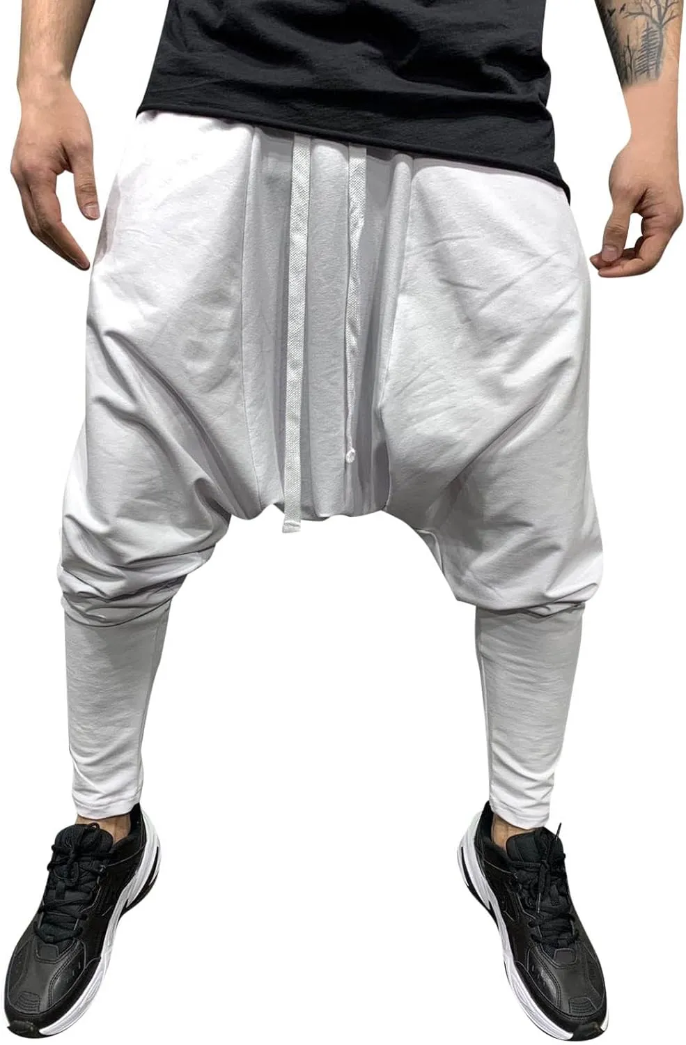Mens Casual Cotton Harem Pants Streetwear Boho Hippie Drop Crotch Trousers for Men Lightweight Drawstring Yoga Pants