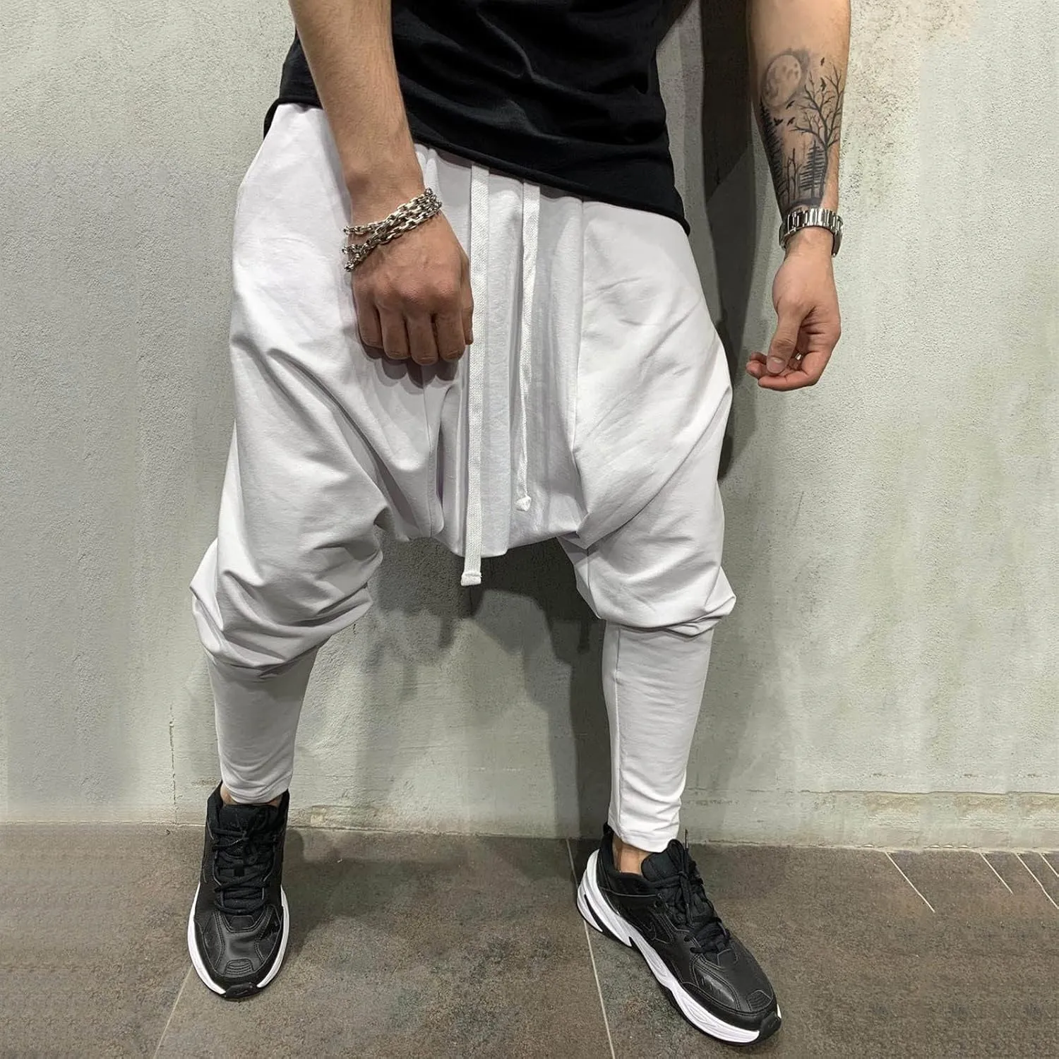 Mens Casual Cotton Harem Pants Streetwear Boho Hippie Drop Crotch Trousers for Men Lightweight Drawstring Yoga Pants