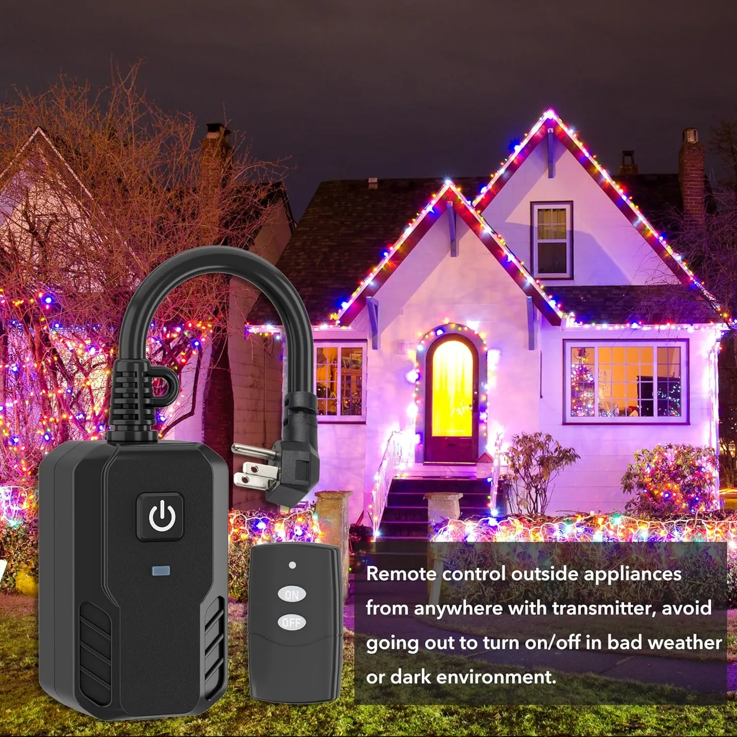 Outdoor Remote Control Outlet Plug Heavy Duty 15A 3-Prong Outlet 6-inch Cord 100Ft Range Battery Included Bn-link