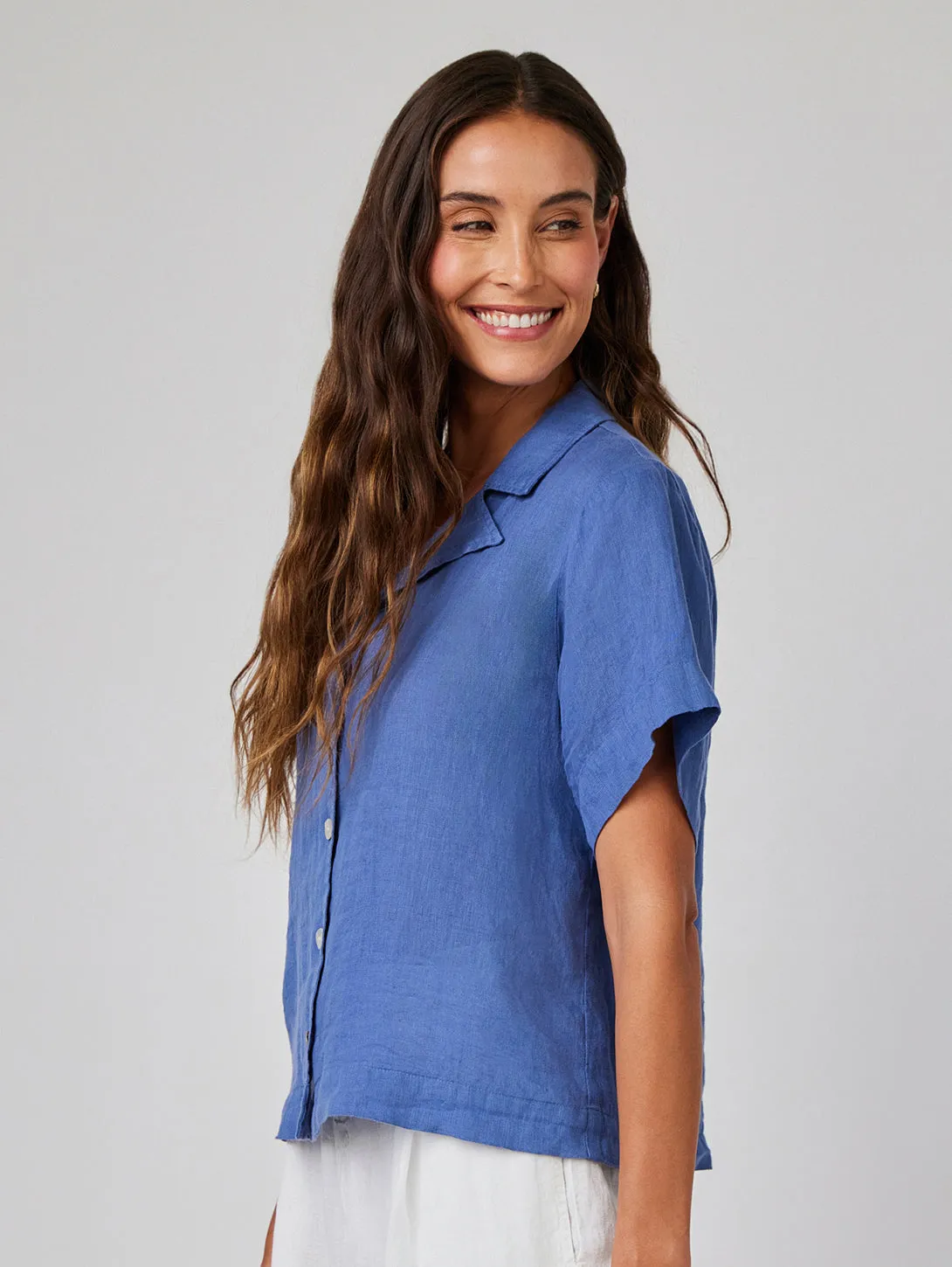 Short Sleeve Flowy Button Down Shirt - Antique Indigo