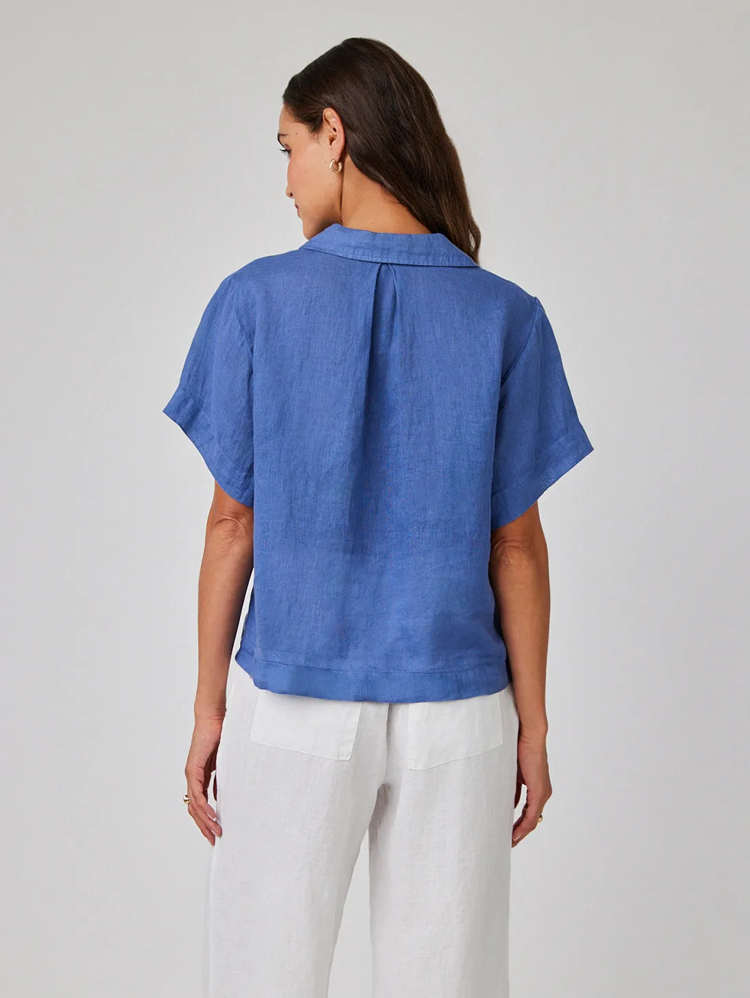 Short Sleeve Flowy Button Down Shirt - Antique Indigo