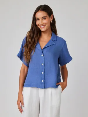 Short Sleeve Flowy Button Down Shirt - Antique Indigo