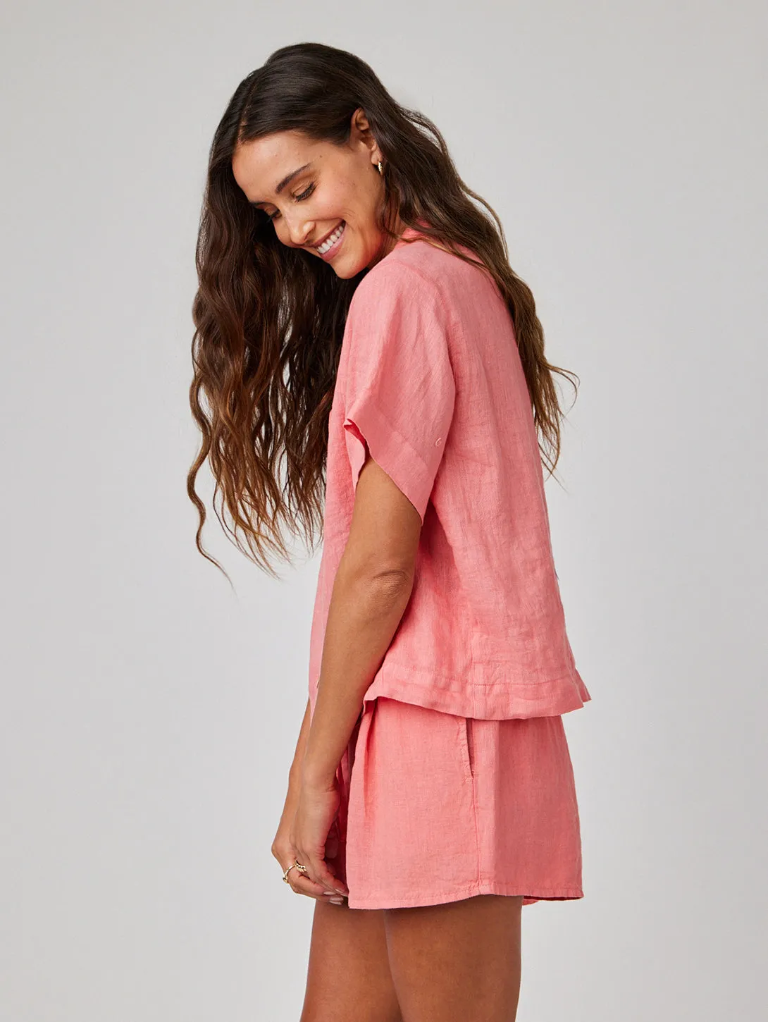 Short Sleeve Flowy Button Down Shirt - Camellia Coral