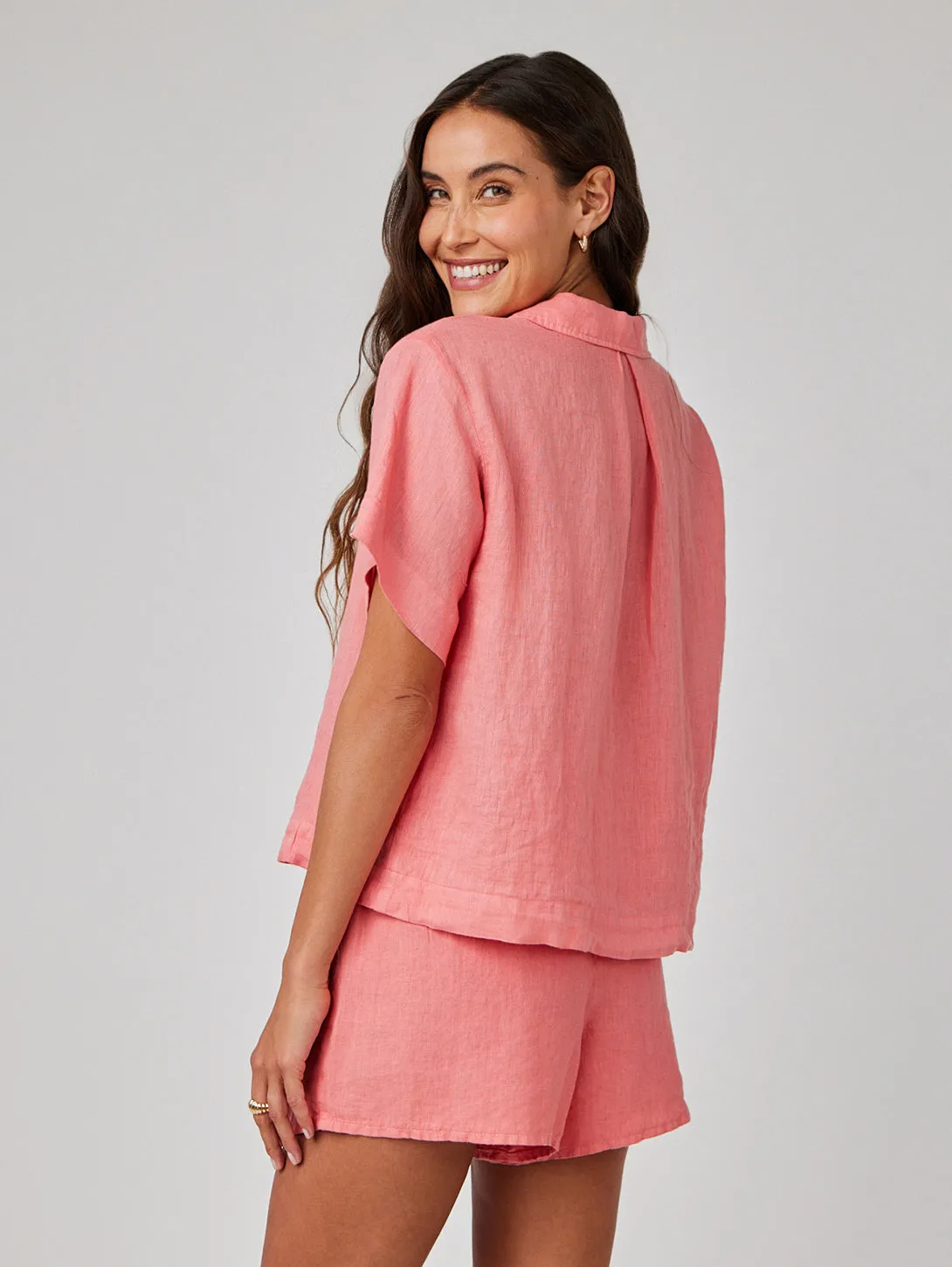 Short Sleeve Flowy Button Down Shirt - Camellia Coral