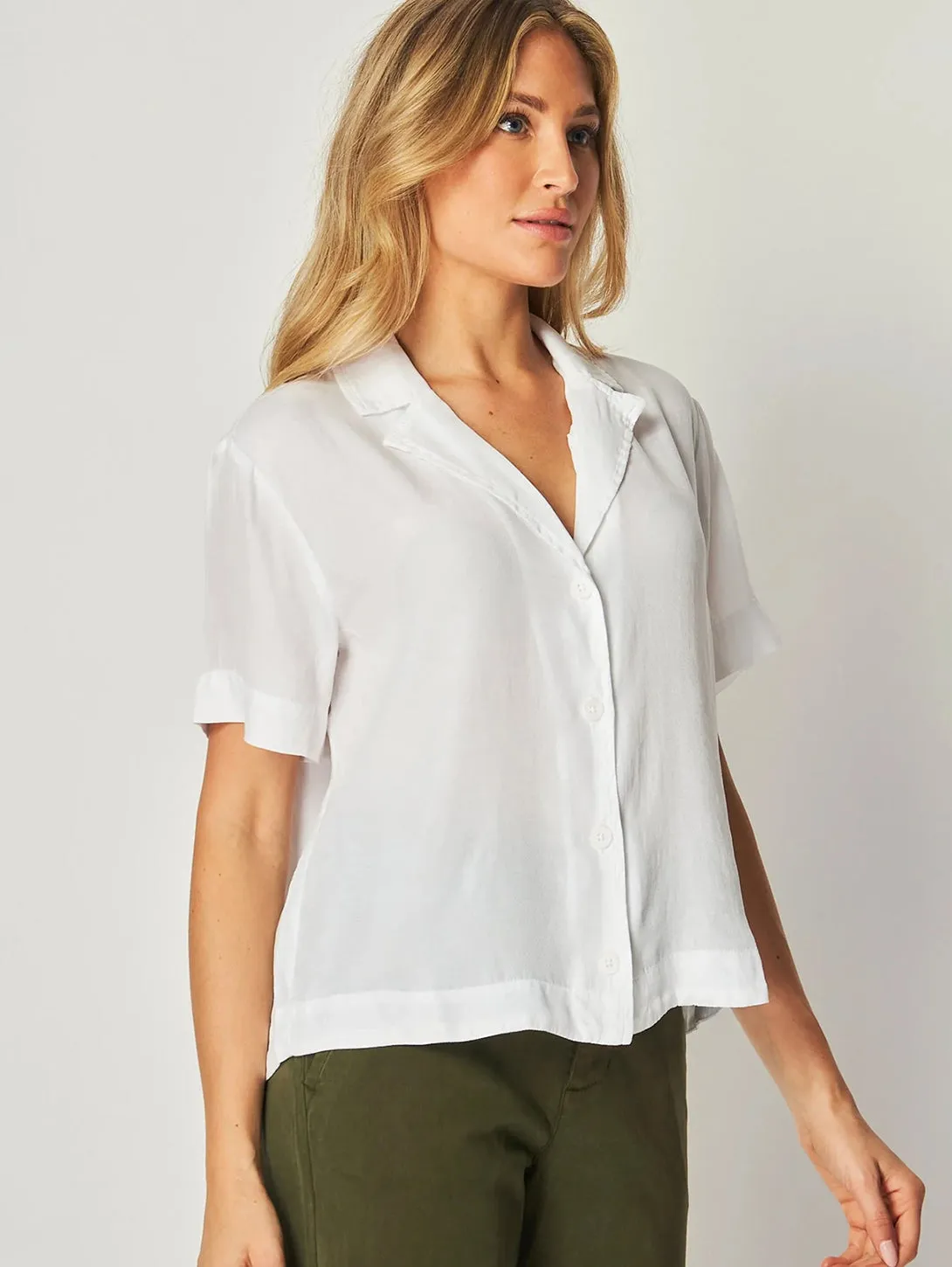 Short Sleeve Flowy Button Down Shirt - White