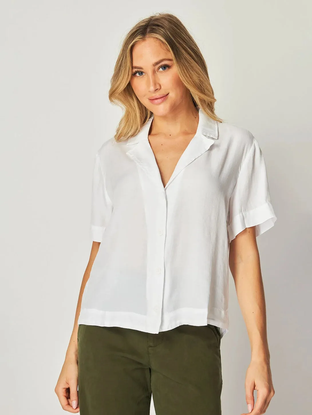 Short Sleeve Flowy Button Down Shirt - White